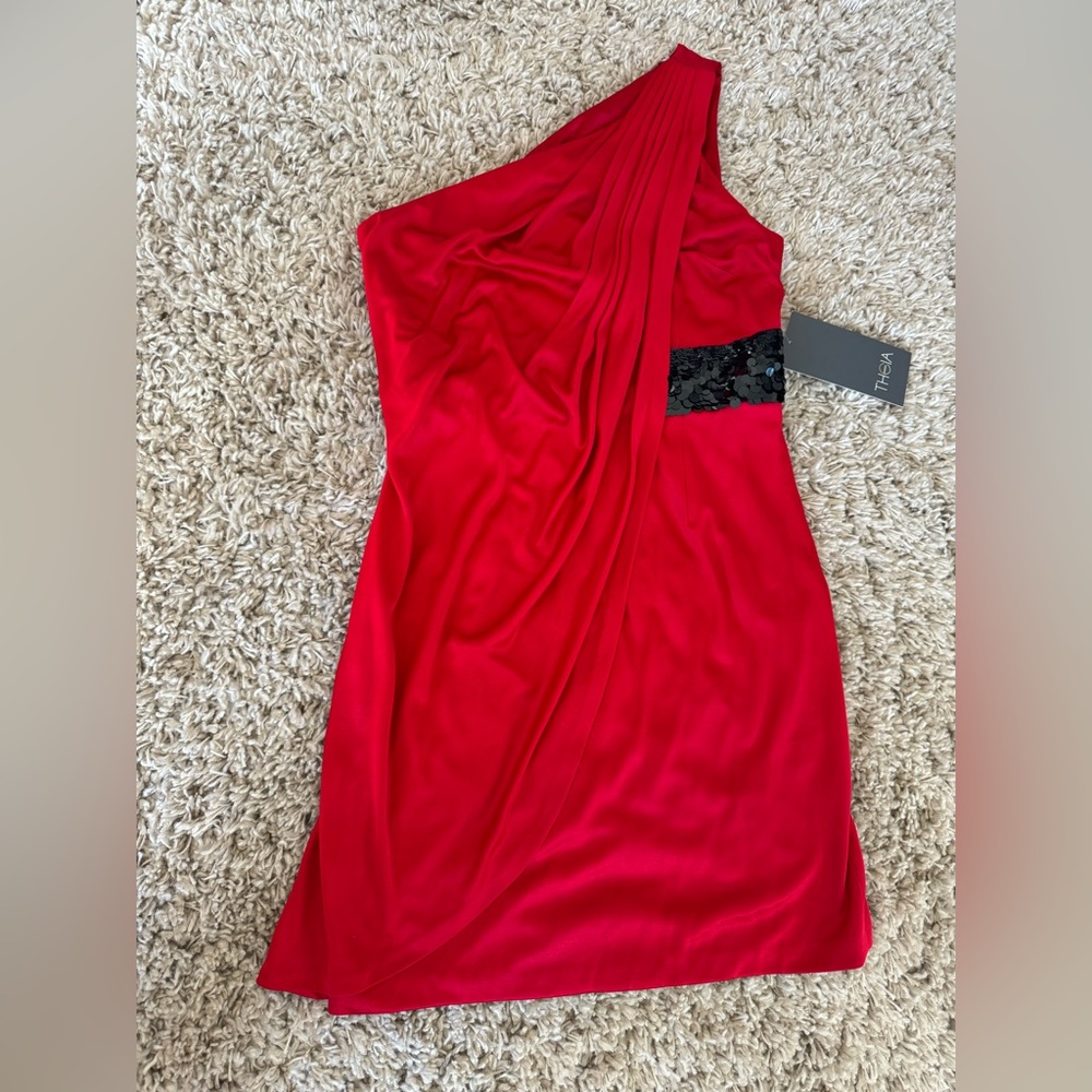 Asymmetric Shoulder Red Waist Detail Jersey Satin Draped
Dress | Theia | NWT | 8